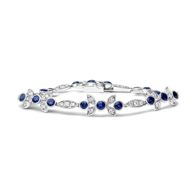 18K White Gold 1 3/4 Cttw Diamond and 3x3mm Round Blue Sapphire Gemstone Floral Link Bracelet (G-H Color, SI1-SI2 Clarity) - Size 7